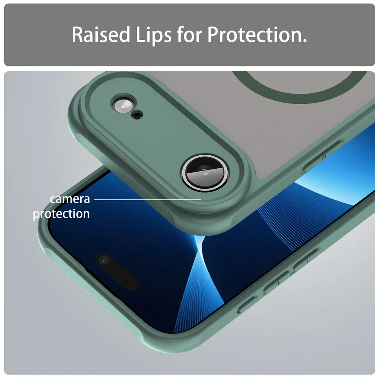 Een close-up van een groene telefoonhoes die de camera beschermt. De hoes heeft verhoogde randen ter bescherming en ligt over een blauw scherm.