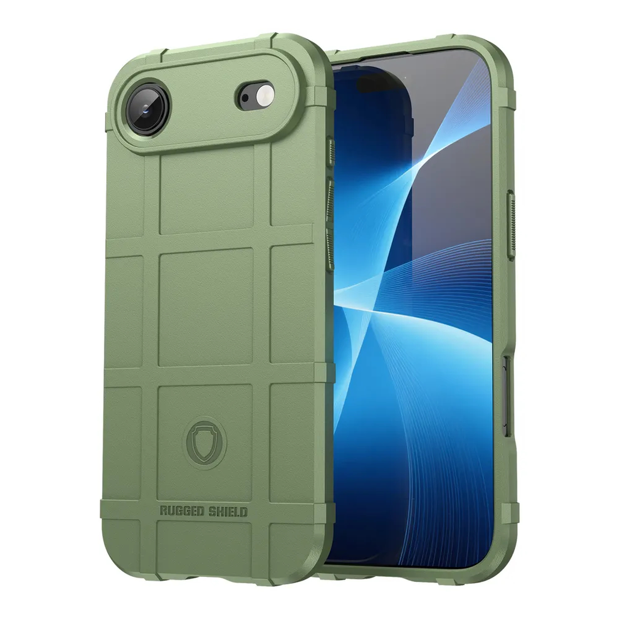 Een groene telefoonhoes met een robuust ontwerp, met uitsparingen voor de camera. Het scherm toont een blauwe abstracte achtergrond.