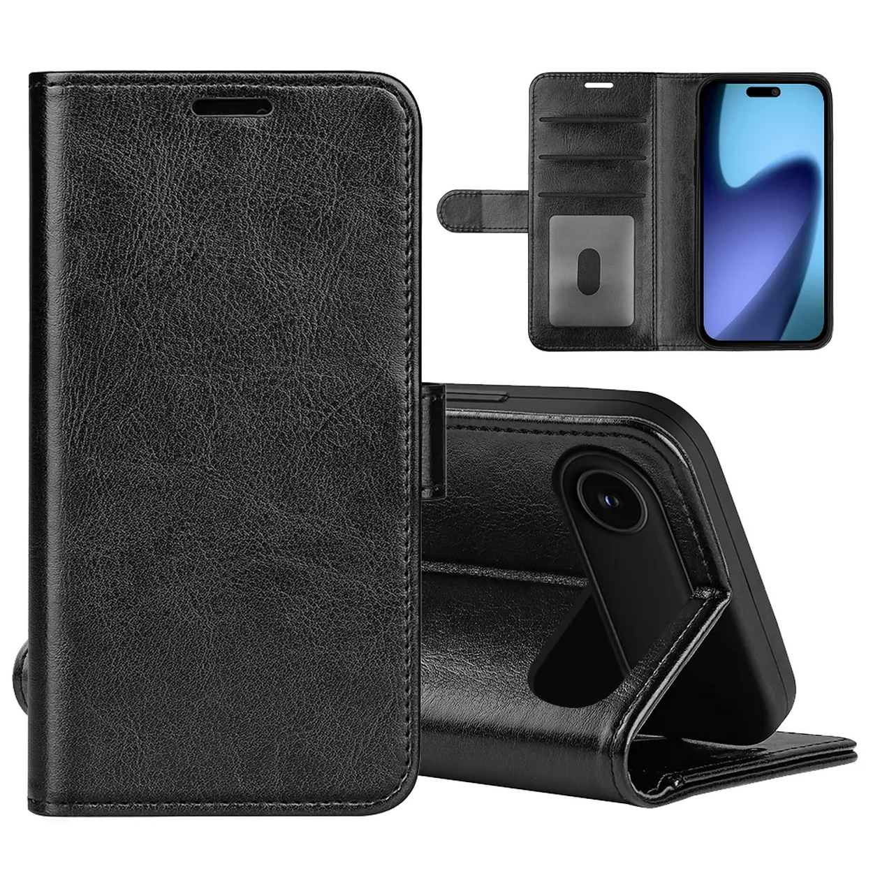Zwarte leren telefoonhoes, open en dicht. Telefoon binnenin, met kaartsleuven. Hoes open om cameralens te laten zien.