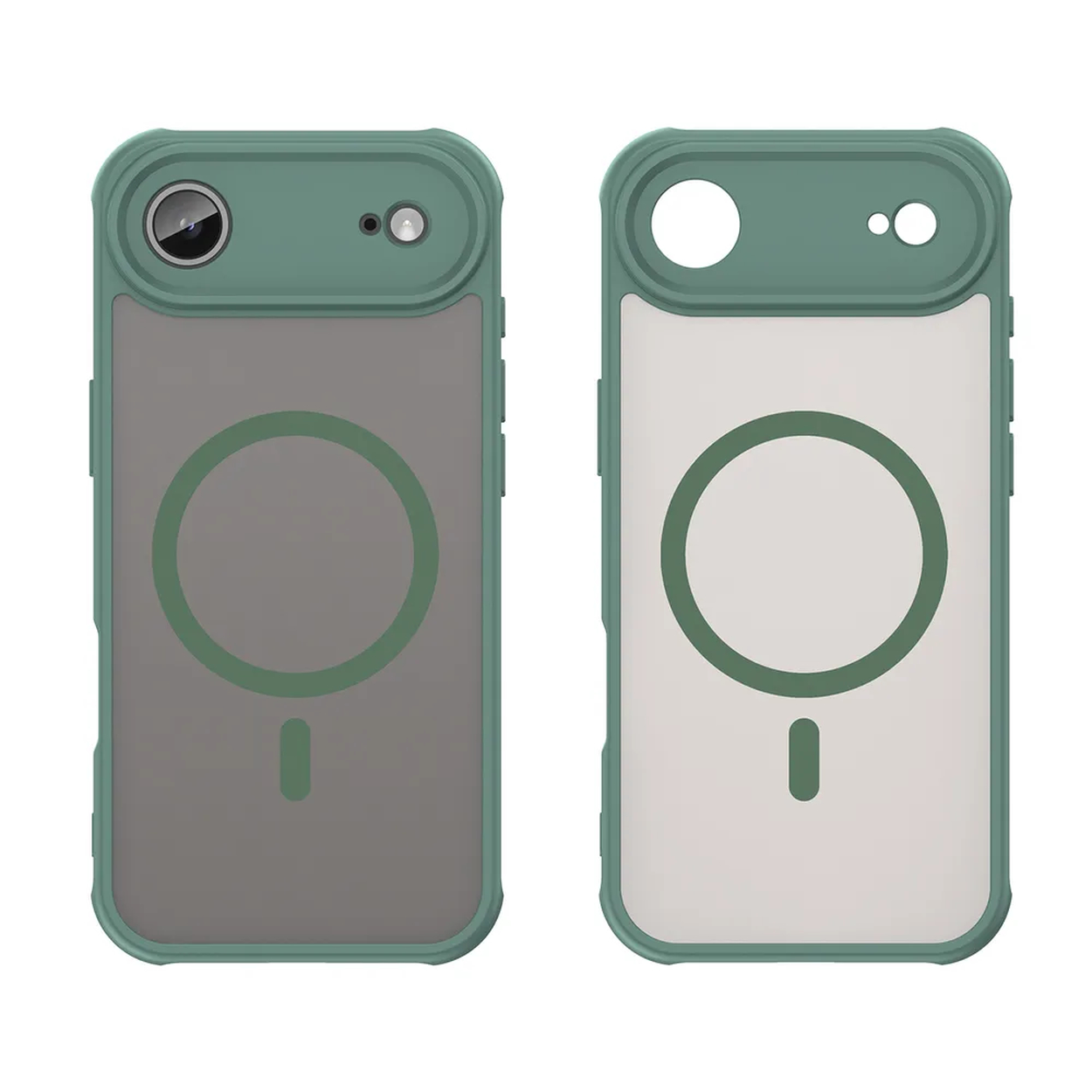 Twee telefoonhoesjes naast elkaar. Beide hebben groene frames, één met een grijze achterkant en de andere met een witte achterkant. Elk heeft een cirkel.