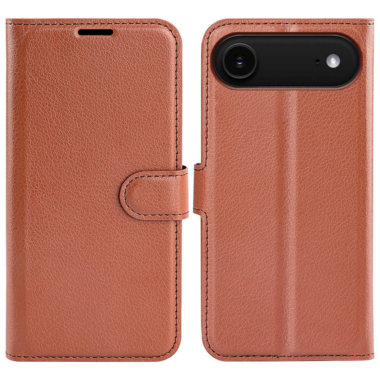 Étui de téléphone en cuir marron, ouvert. Le côté gauche a un fermoir. Le côté droit a une découpe pour l'appareil photo et un appareil photo.