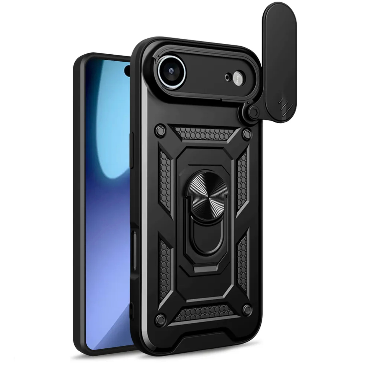 Coque de téléphone noire avec cache objectif et support de bague. L'écran affiche un dégradé bleu. Isolé sur blanc.