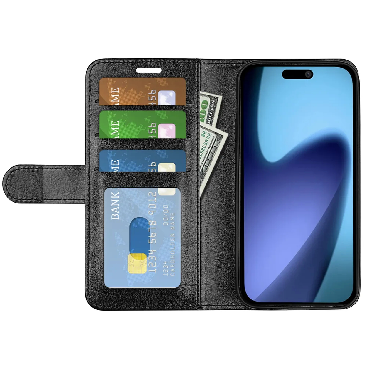 Zwarte portemonnee met een telefoon, verschillende creditcards en contant geld. De telefoon heeft een blauw verlopend scherm. De case is open.