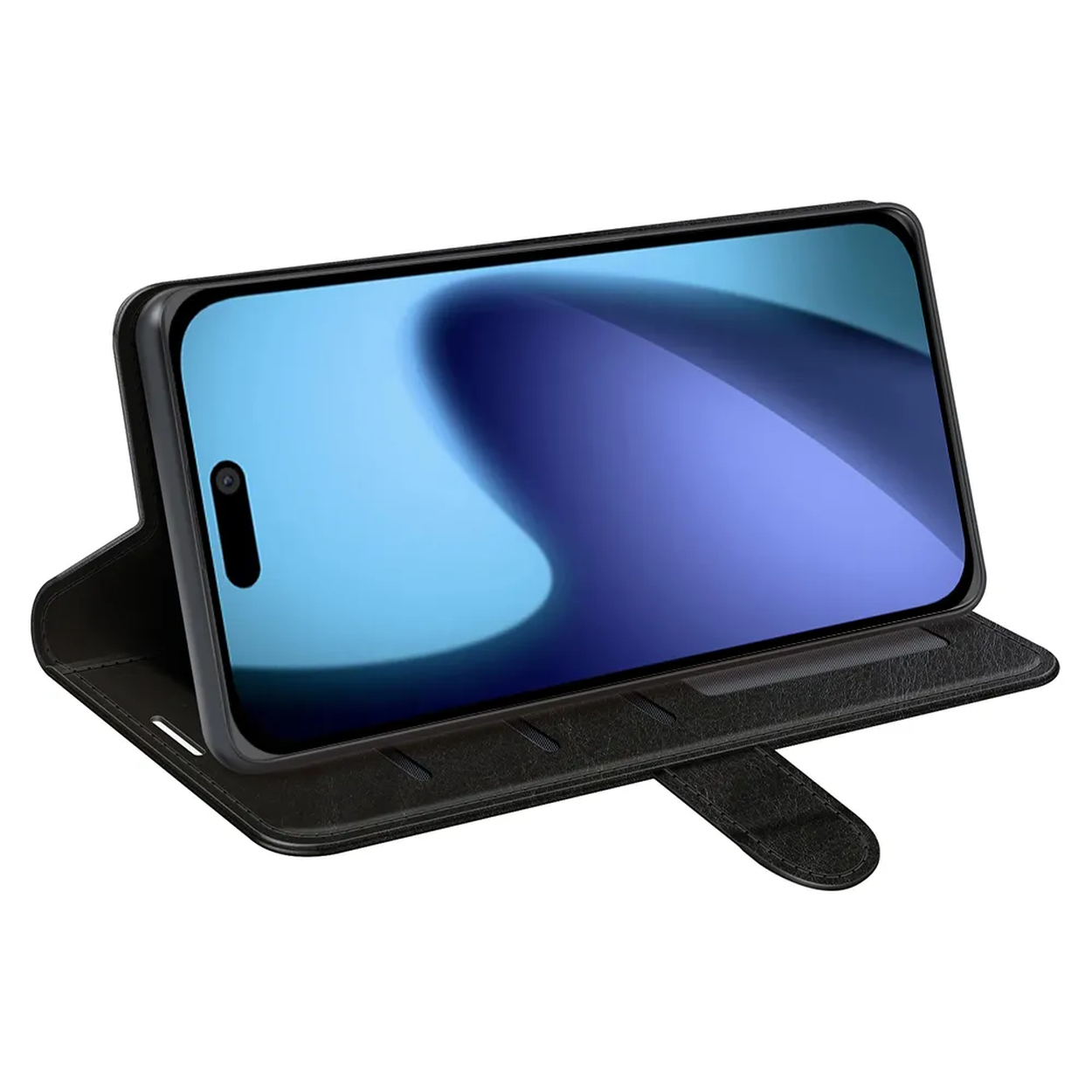 Een zwarte smartphone in een leren hoesje. Het scherm toont een blauw en wit abstract ontwerp. De hoes is open en opgeklapt.