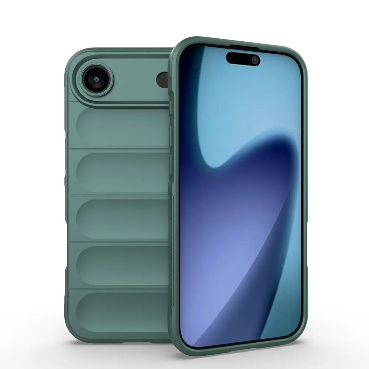 Twee groene telefoonhoesjes, één met een camera en de andere met een scherm met een blauw-witte weergave. Witte achtergrond.