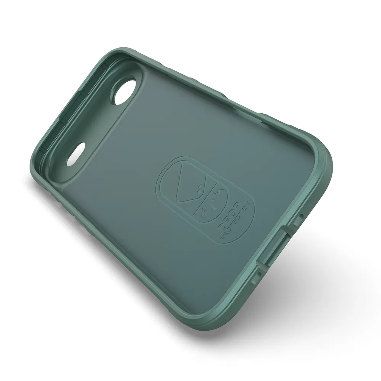 Een teal telefoonhoesje wordt onder een hoek getoond. Het heeft openingen voor de camera en knoppen, en een logo met 'DROP PROTECTION'.