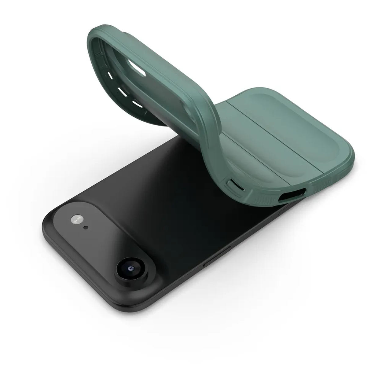 Een zwarte smartphone met een groenblauwe telefoonhoes, gedeeltelijk open. De telefoon heeft twee camera's. De achtergrond is wit.