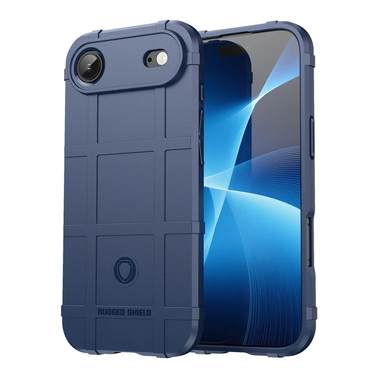 Een blauwe telefoonhoes met een robuust ontwerp. De hoes heeft een uitsparing voor de camera en een scherm met blauwe abstracte lijnen.
