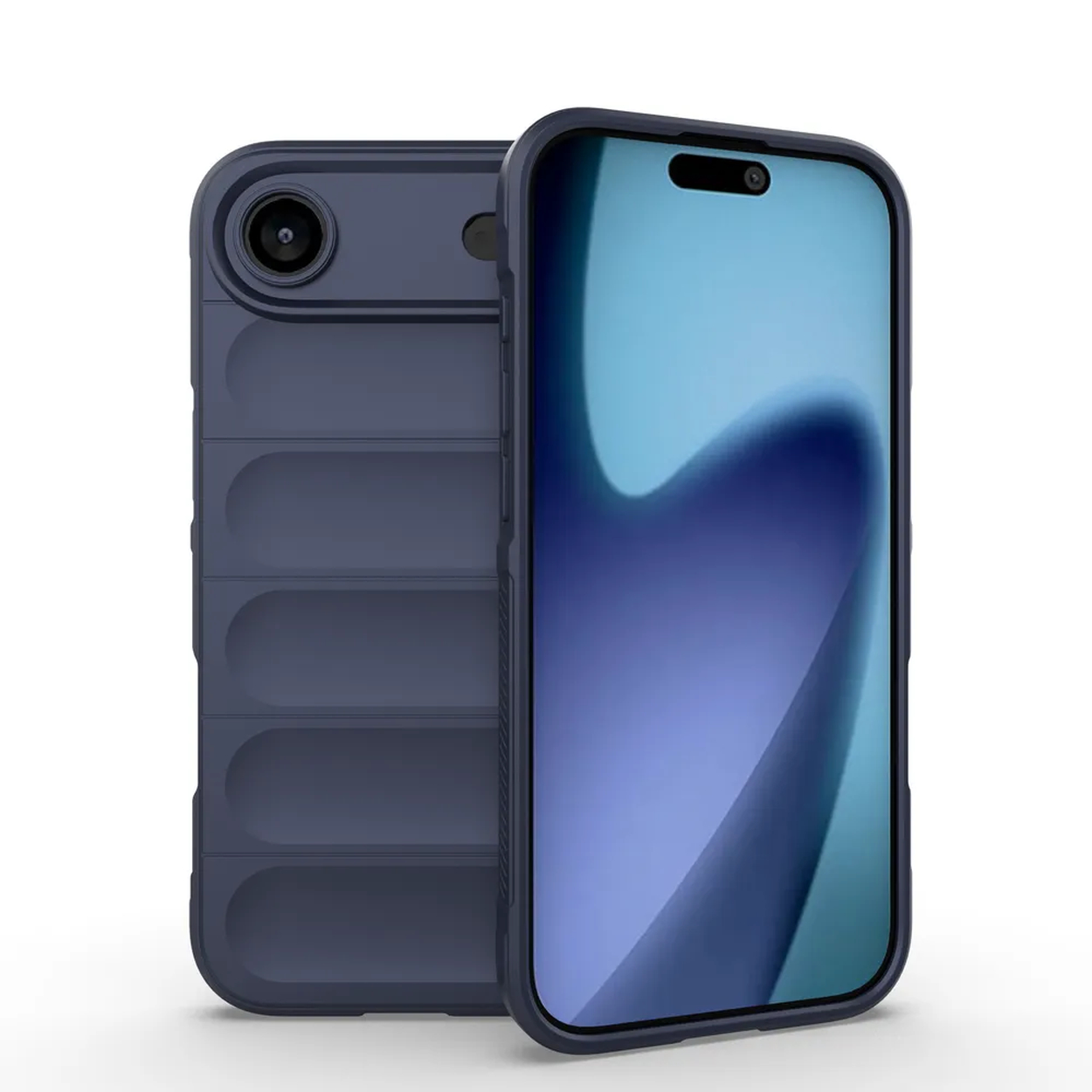 Twee donkerblauwe telefoonhoesjes. Eén staat achter de andere. Het telefoonscherm is lichtblauw met een donkerblauwe vorm.