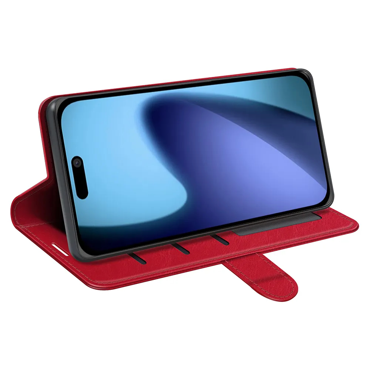Een smartphone in een rode leren hoes, met een blauw-wit scherm, staat op een wit oppervlak.