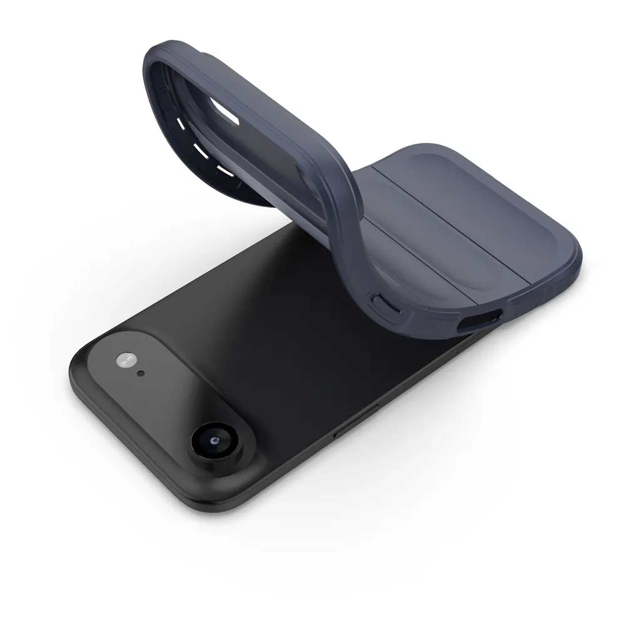 Een zwarte smartphone met een donkerblauwe telefoonhoes. De hoes is iets opgetild.