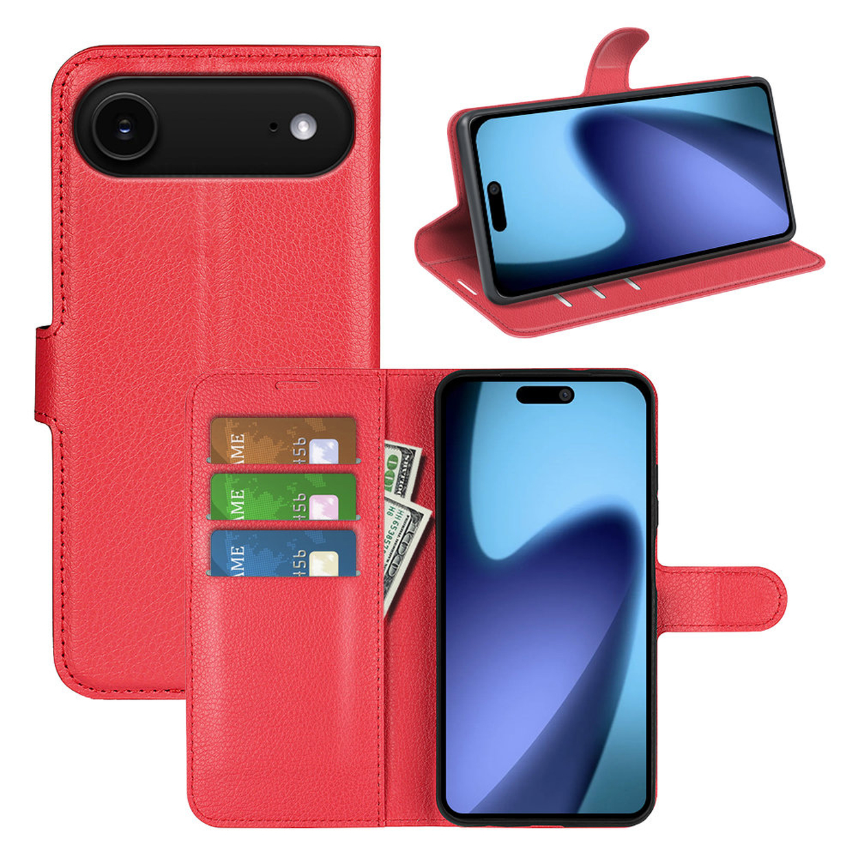 Étui de téléphone en cuir rouge avec téléphone, cartes de crédit et argent. Téléphone affiché dans différentes positions.