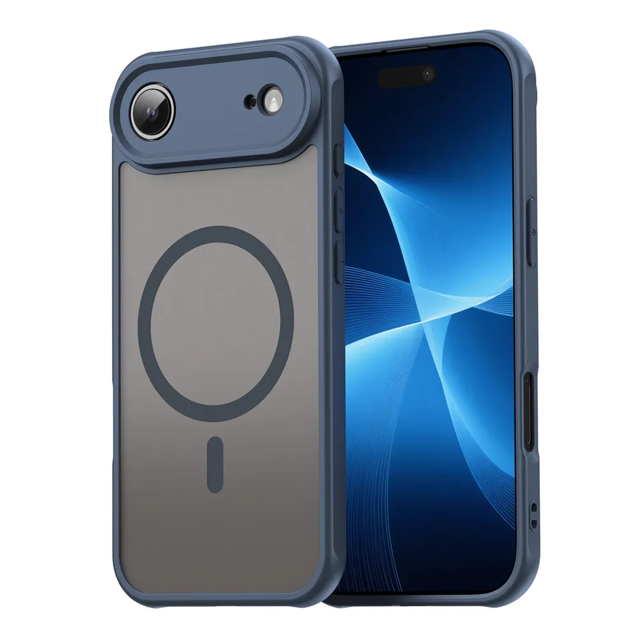 Een blauwe telefoonhoes met een smartphone erin. De hoes heeft een uitsparing voor de camera en een transparante achterkant met een magnetische cirkel.
