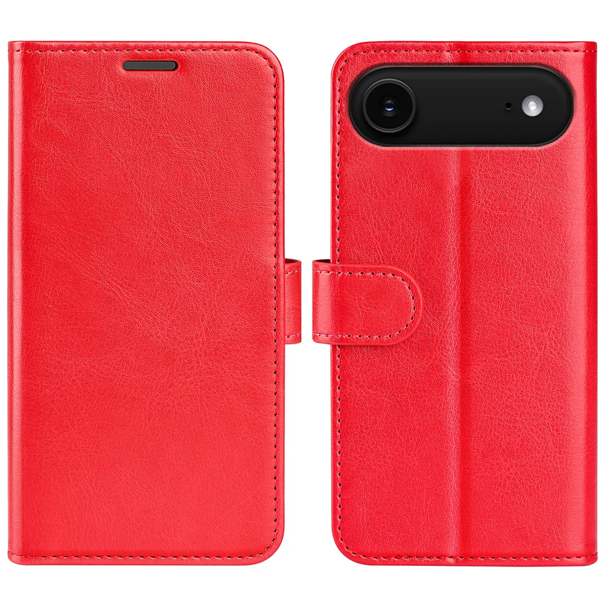 Een rode leren telefoonhoes, open om de camera van de telefoon te onthullen. De hoes heeft een magnetische sluiting en gestikte randen.