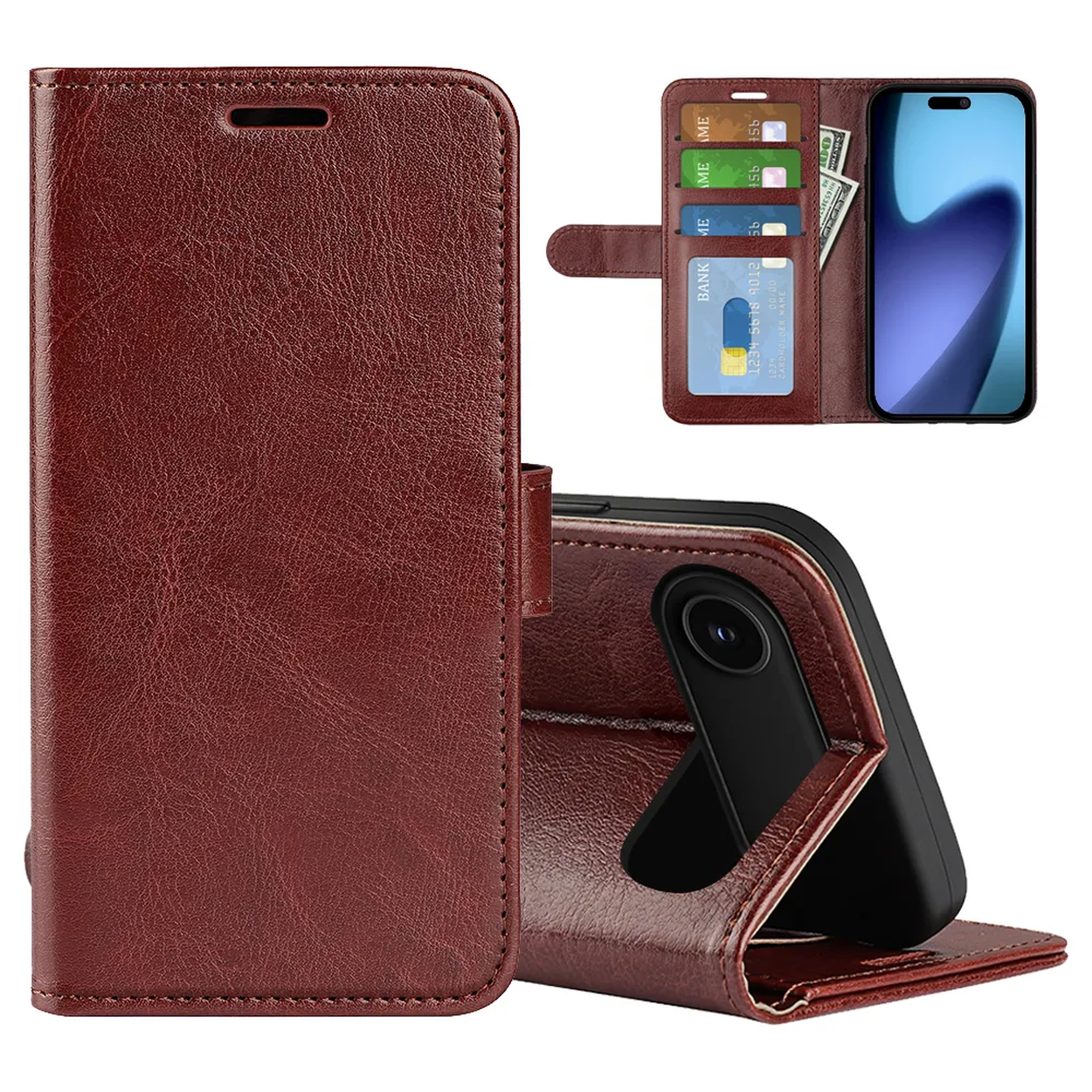 Un étui de téléphone en cuir marron avec un téléphone, des cartes de crédit et de l'argent liquide visibles. L'étui est ouvert, montrant le téléphone et les fentes.