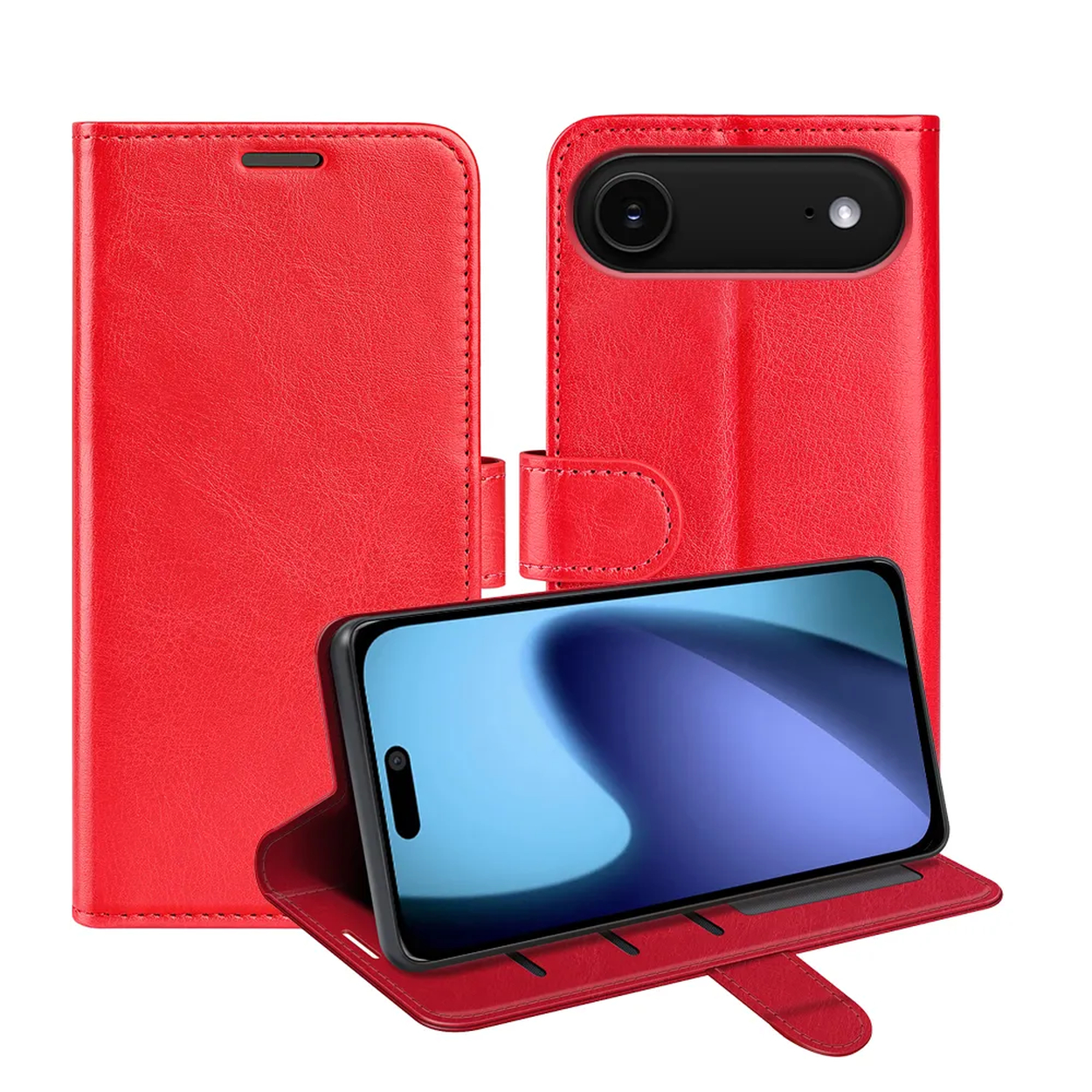 Rode telefoonhoes met een telefoon erin. De hoes is open, met het scherm en de camera van de telefoon.