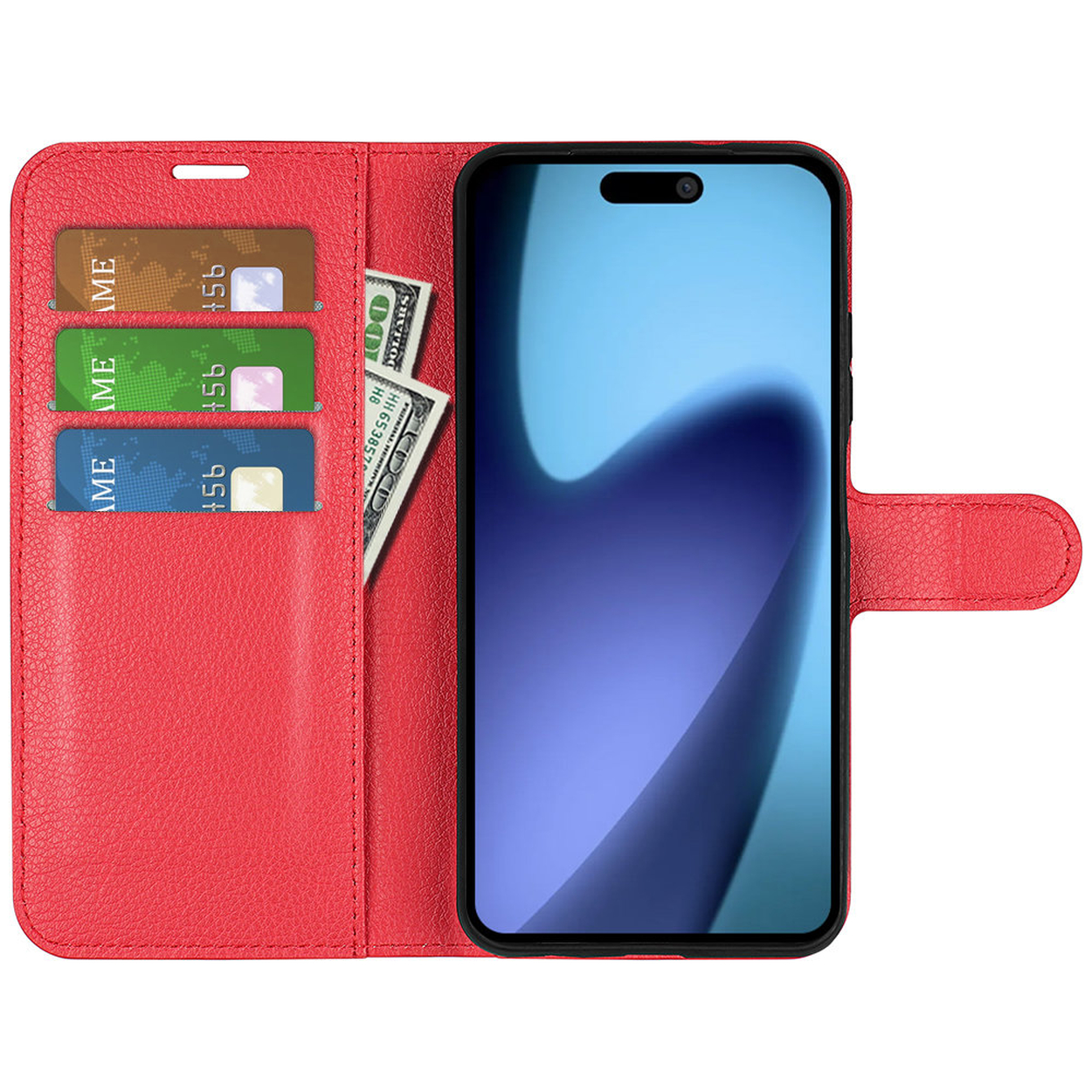 Étui de téléphone rouge avec un téléphone à l'intérieur. Il a des fentes pour cartes avec des cartes et un billet de 100 $.
