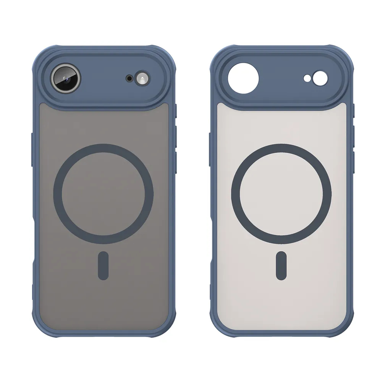 Twee telefoonhoesjes, een grijze, een witte, met blauwe accenten, een uitsparing voor de camera en een magnetische cirkel aan de achterkant.