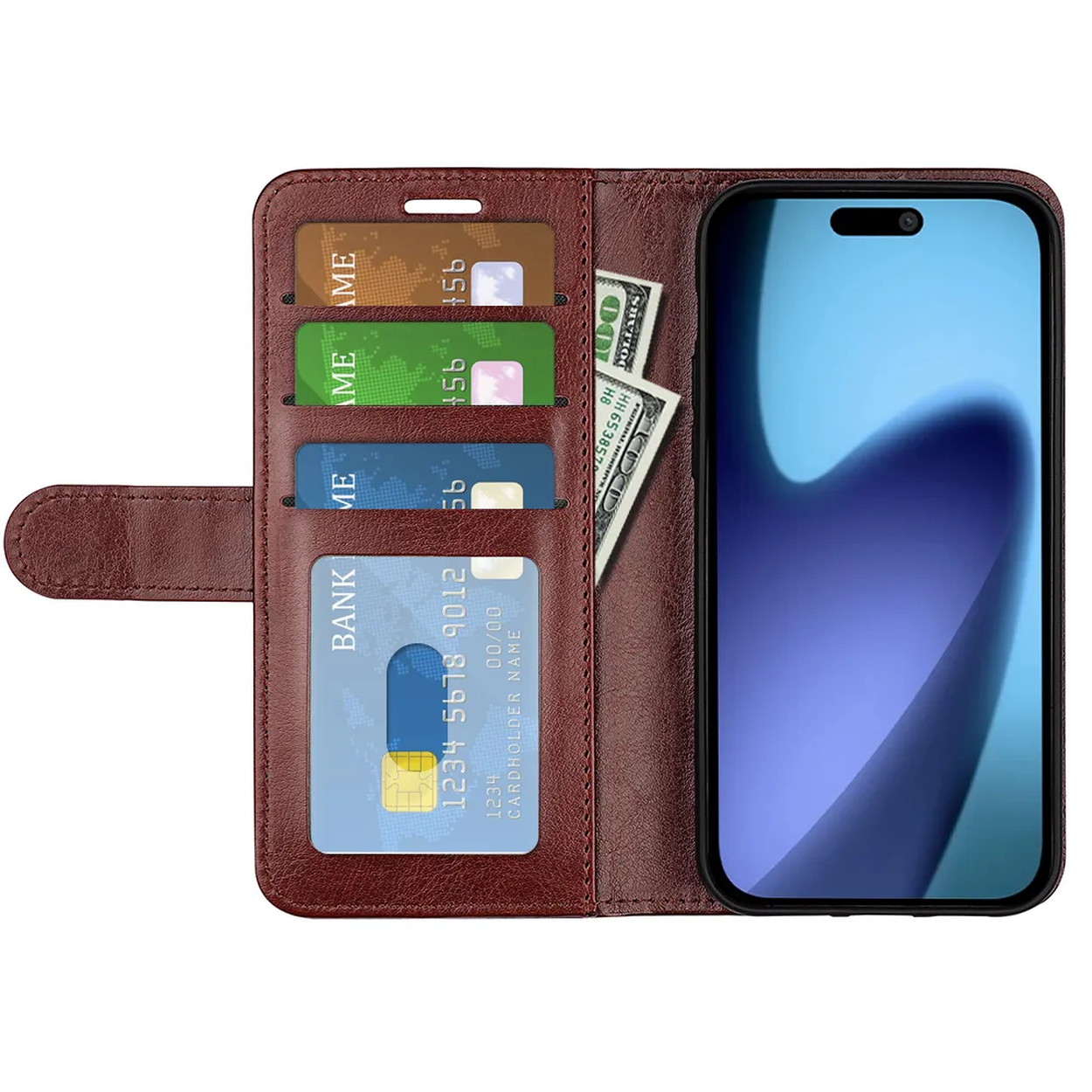 Un étui de téléphone en cuir marron avec des fentes pour cartes de crédit, un smartphone et des billets de dollars américains.