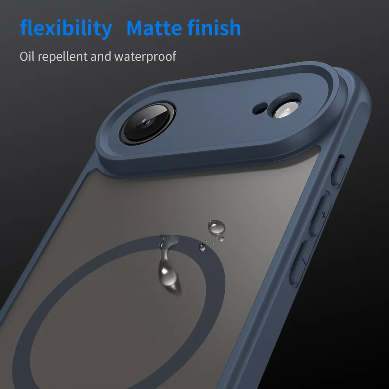 Close-up van een blauwe telefoonhoes met een doorzichtige achterkant. Waterdruppels op de hoes. Tekst: 'flexibiliteit' en 'matte afwerking'.