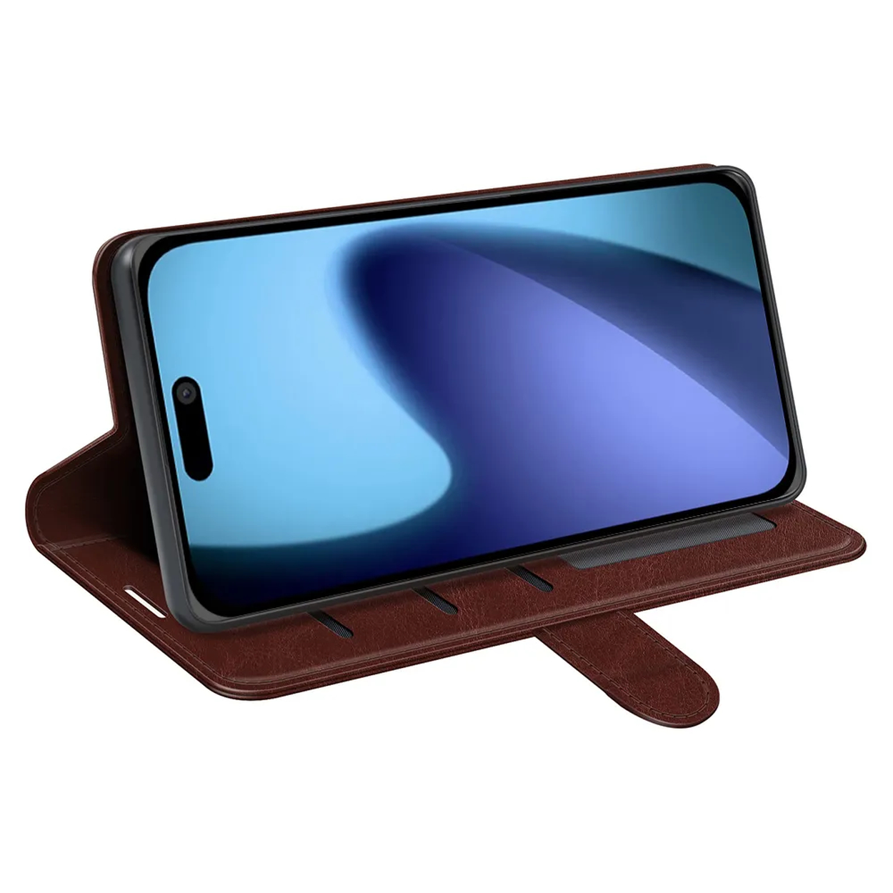 Un smartphone dans un étui en cuir marron. L'écran affiche un motif abstrait bleu et blanc. L'étui est ouvert et incliné.