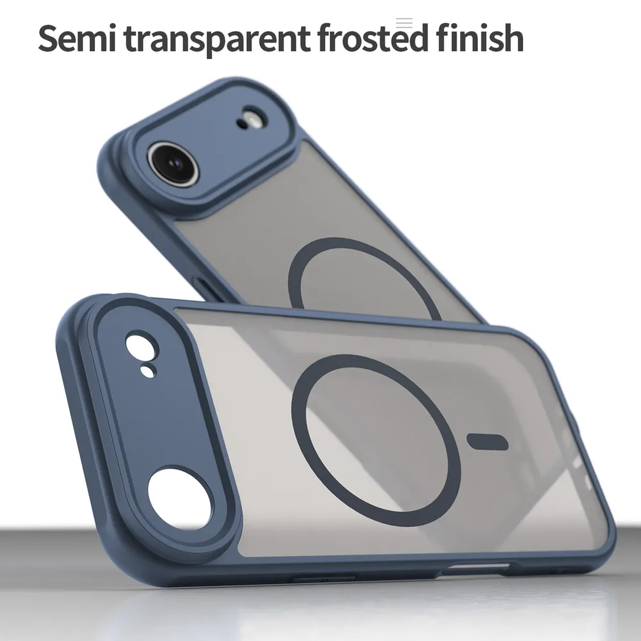 Twee semi-transparante telefoonhoesjes, de ene bovenop de andere. Ze hebben een blauw frame en een helder midden. De bovenste hoes is schuin.