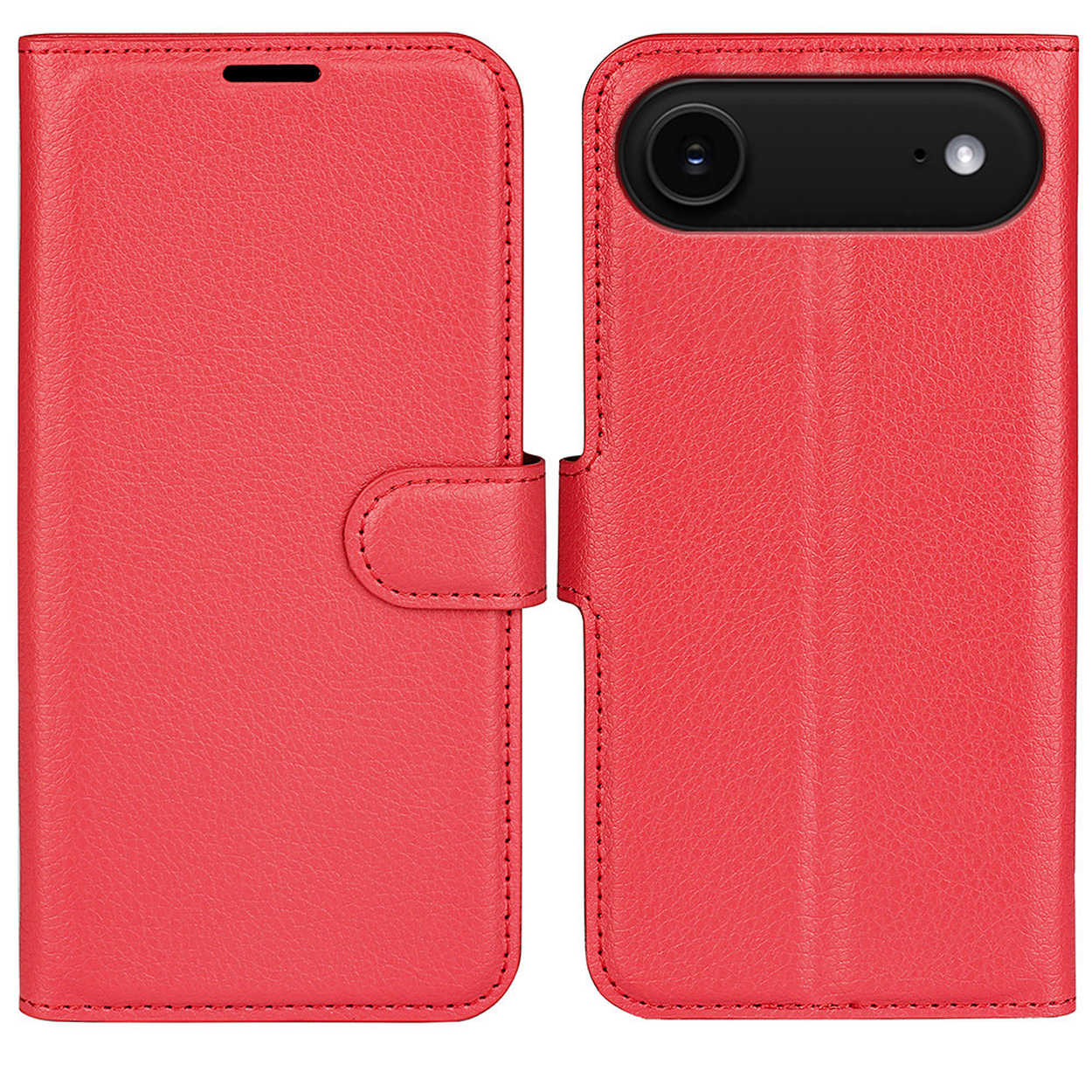 Étui de téléphone en cuir rouge, ouvert. Comprend une découpe pour appareil photo et une fermeture magnétique. Coutures détaillées.