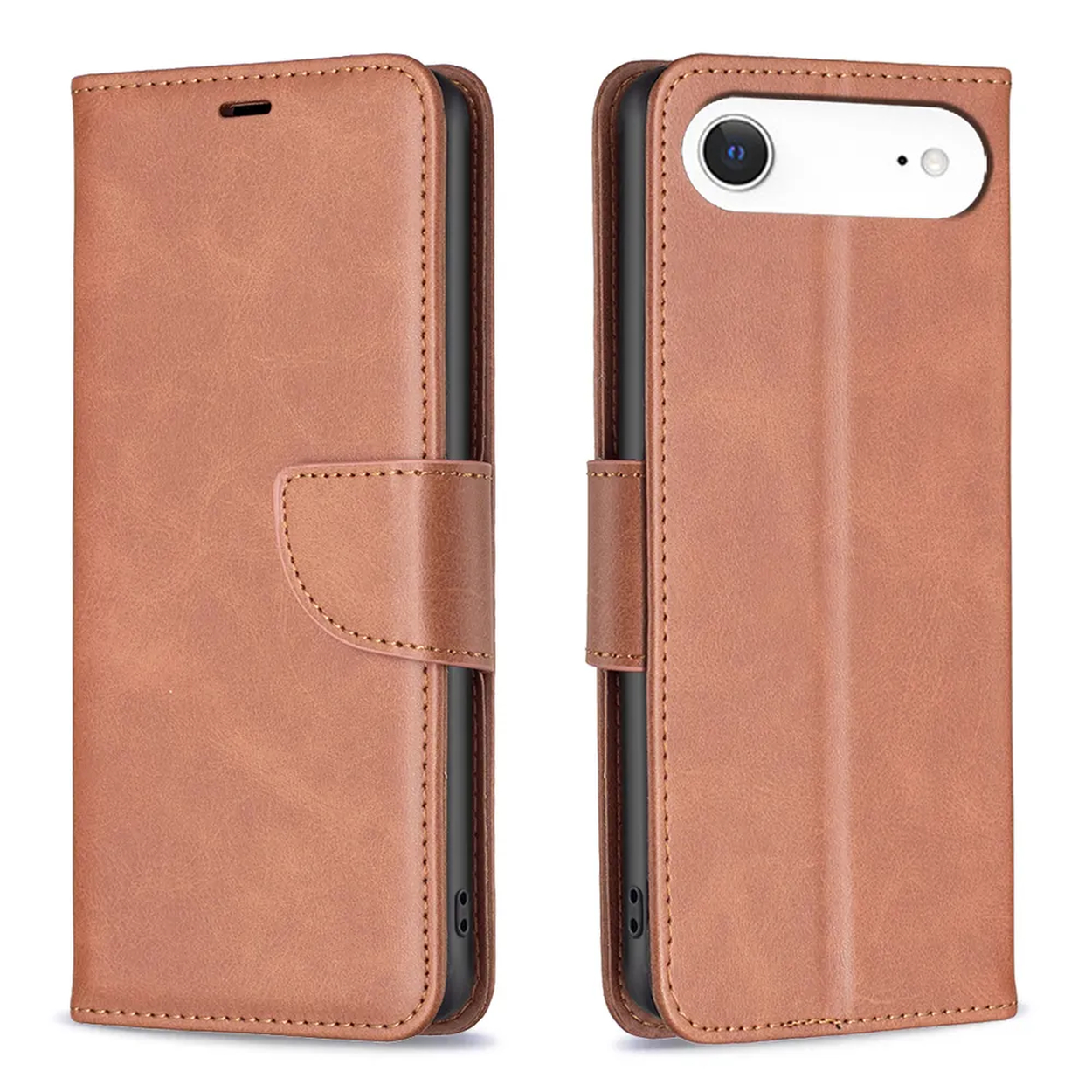 Twee bruine leren telefoonhoesjes, één gesloten en één open. De open hoes laat de camera van de telefoon zien. Beide hebben stikseldetails.
