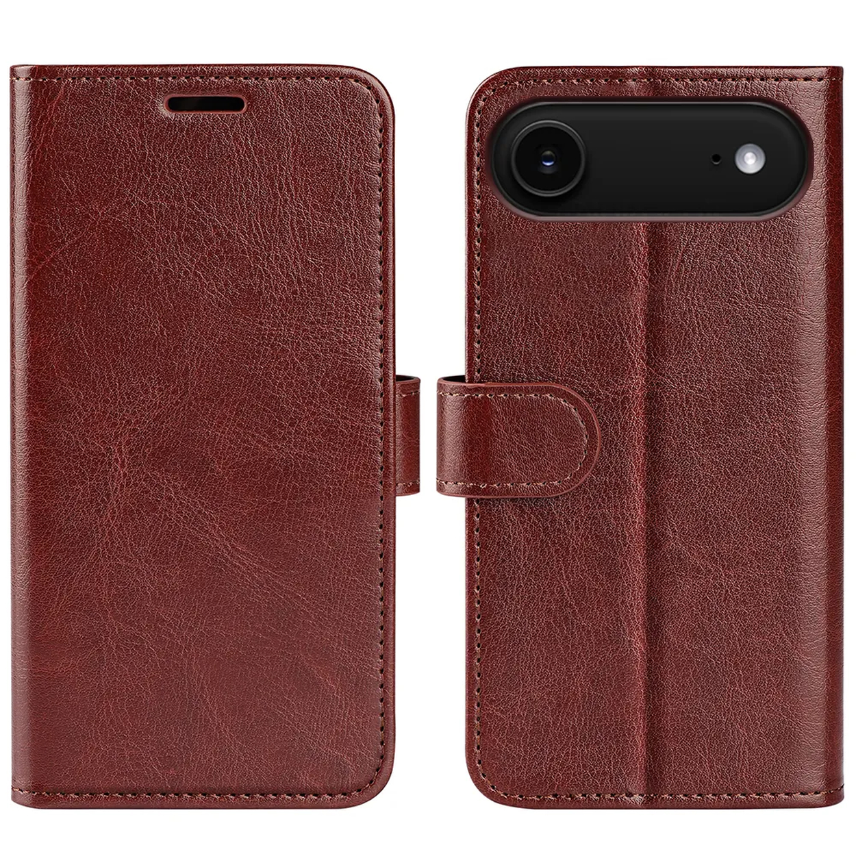 Un étui de téléphone en cuir marron, ouvert pour montrer l'intérieur. Il possède une découpe pour l'appareil photo. L'étui est en cuir texturé.