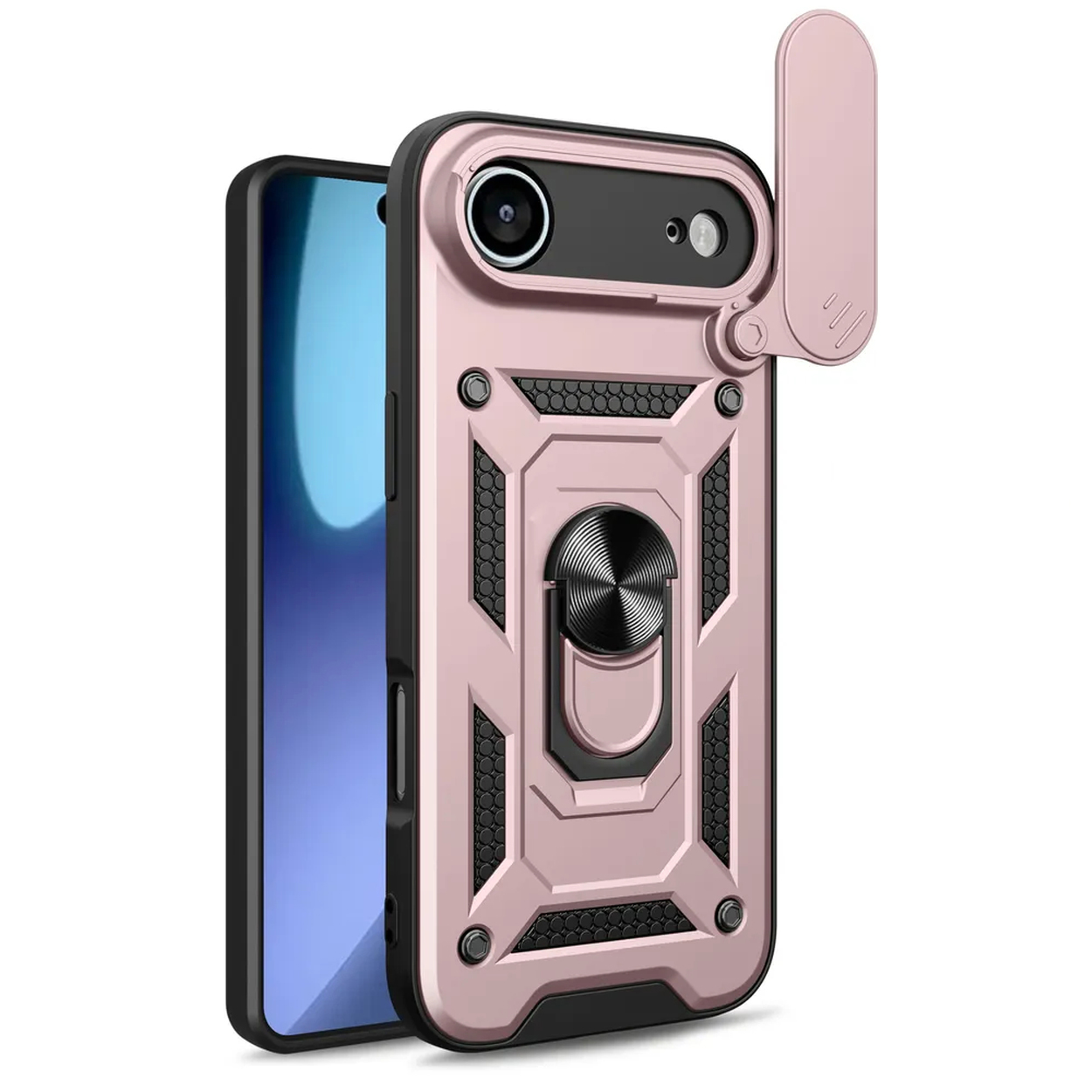Une coque de téléphone rose avec un téléphone à écran noir à l'intérieur. Il possède un support d'anneau et un cache objectif.