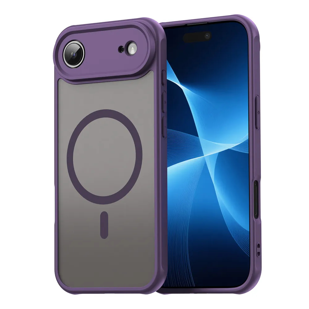 Un étui de téléphone violet avec un dos transparent est montré. Il protège le téléphone, qui a un écran bleu. L'étui a une découpe pour l'appareil photo.