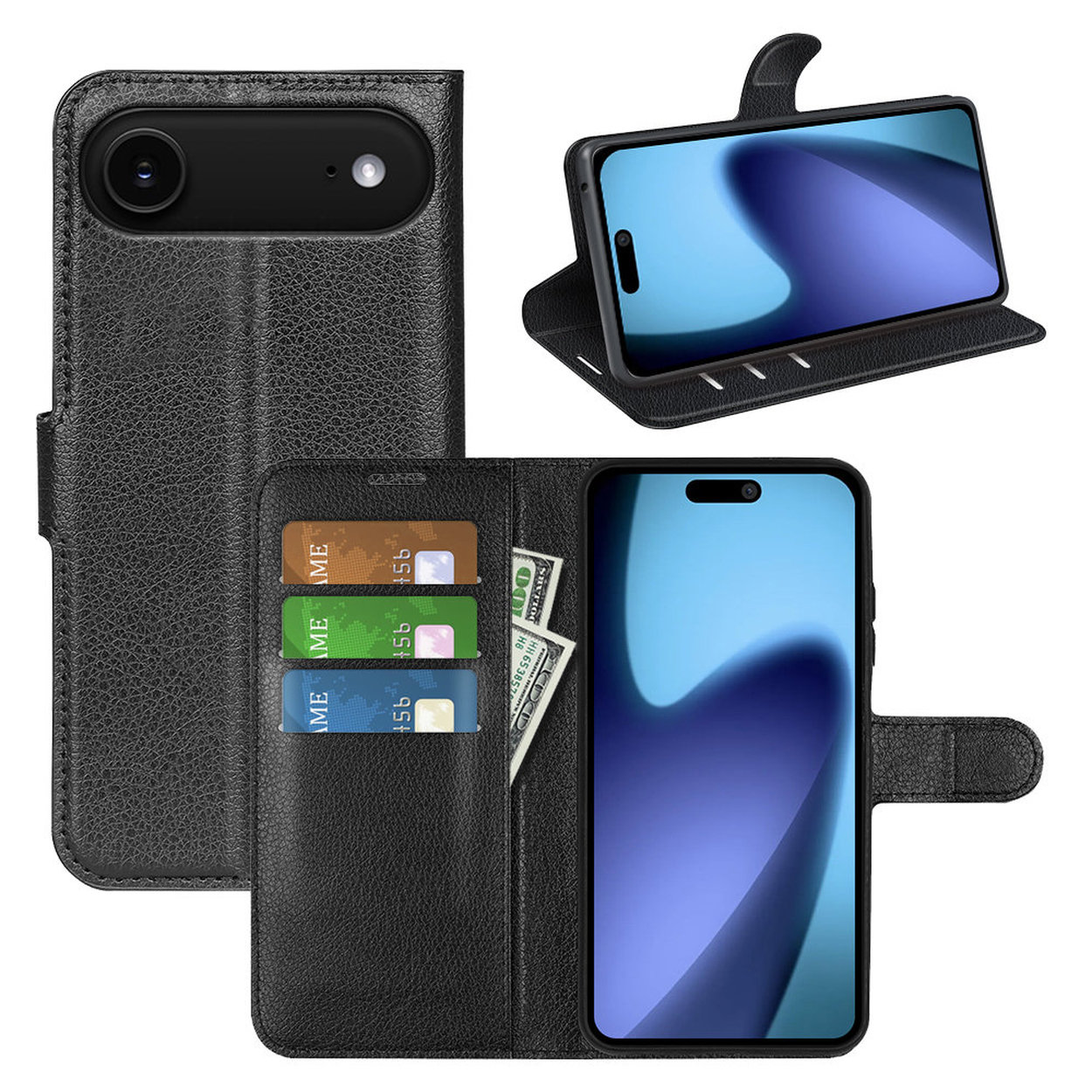 Étui de téléphone noir avec plusieurs sections : une avec un téléphone, une avec des cartes et de l'argent, et une avec le téléphone ouvert.