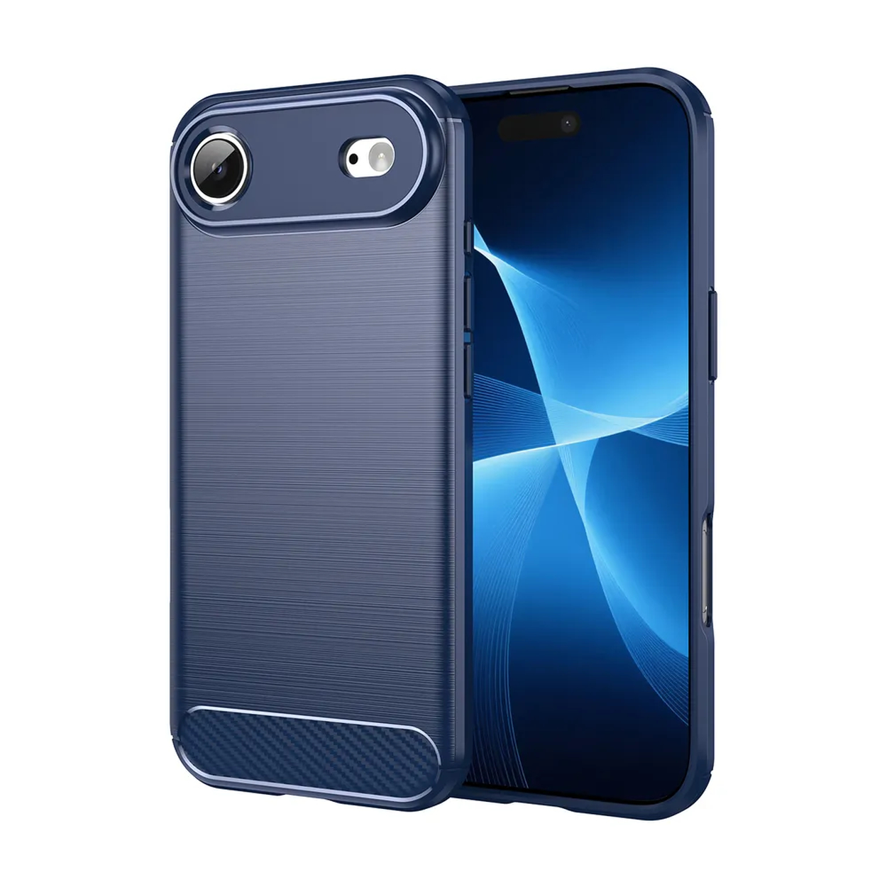 Een blauwe telefoonhoes naast een telefoon. De hoes heeft een uitsparing voor de camera en een getextureerde achterkant. Het telefoonscherm is blauw.