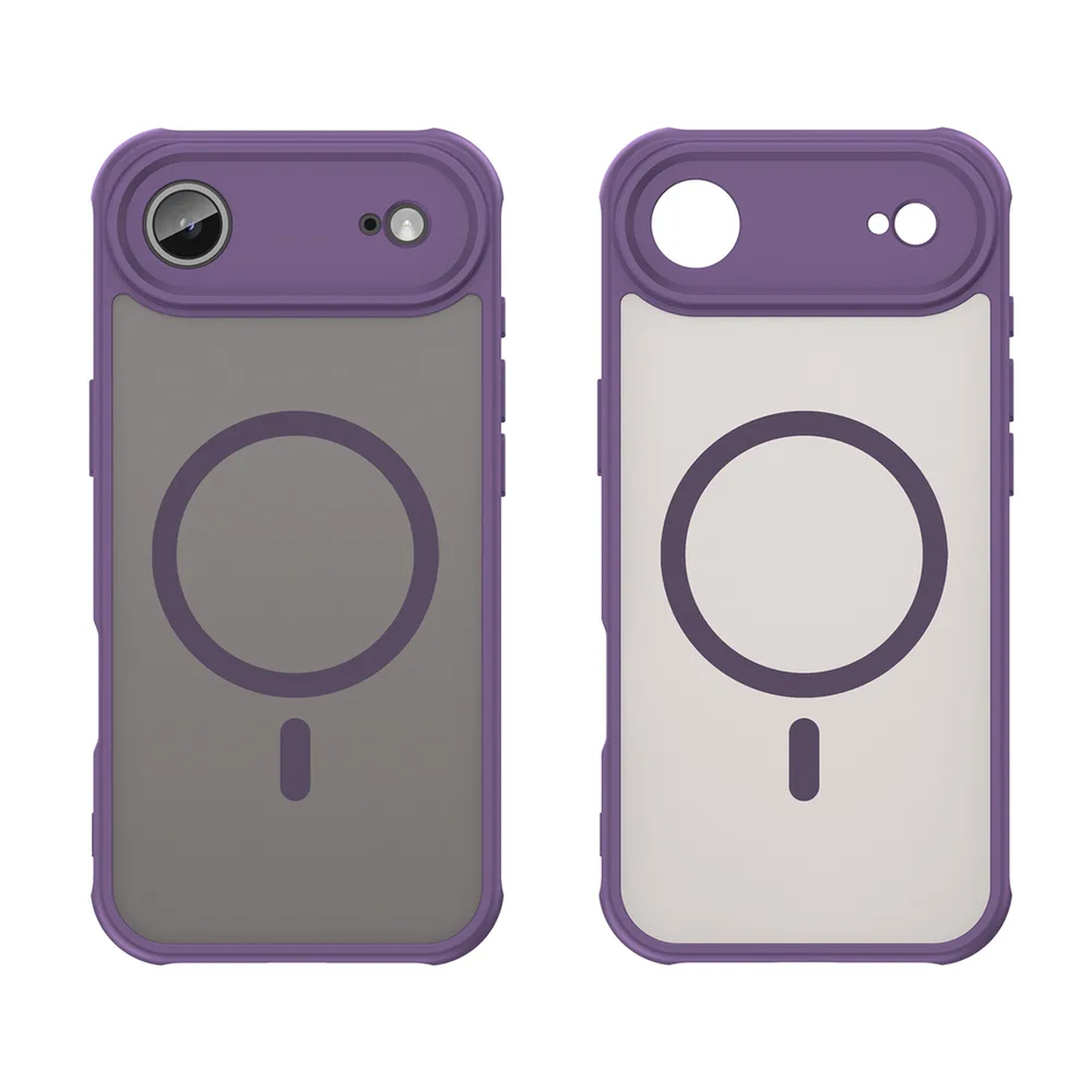 Deux coques de téléphone violettes et transparentes. Une avec un objectif d'appareil photo. Les deux ont un design de cercle et de tiret.