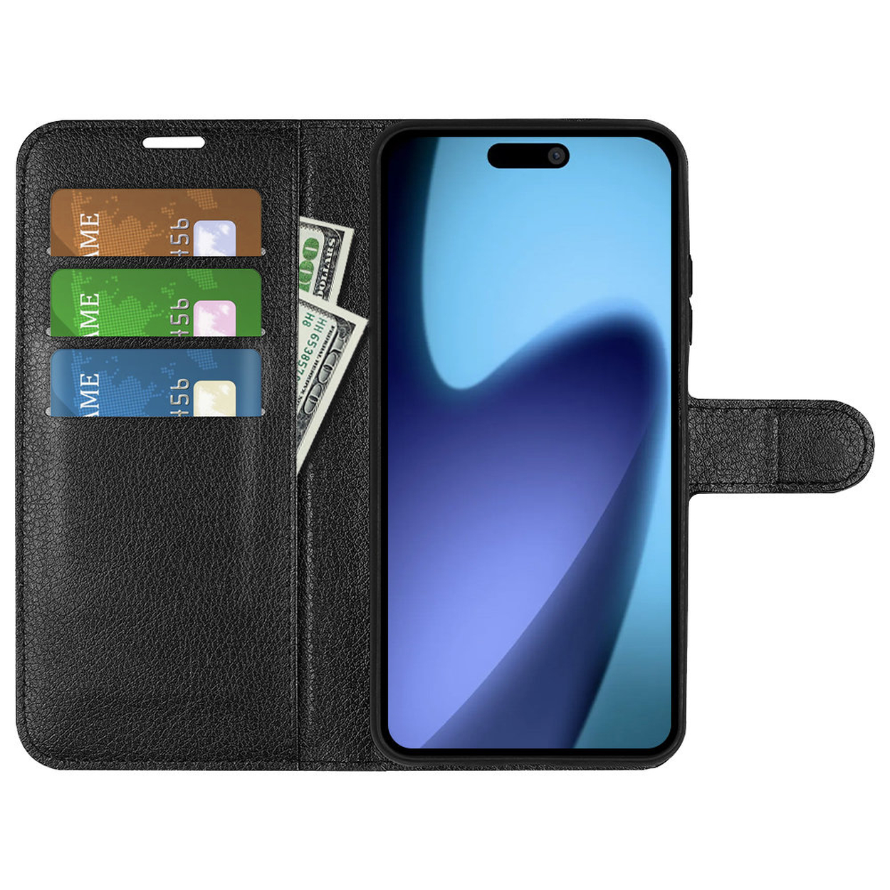 Étui de téléphone noir avec smartphone, cartes de crédit et argent. L'écran affiche un motif abstrait bleu.