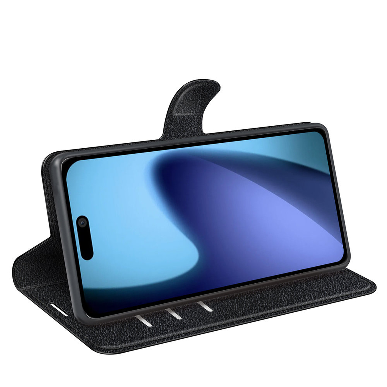 Un étui de téléphone noir est ouvert, tenant un téléphone avec un écran bleu et blanc. L'étui a une finition texturée et une fermeture.