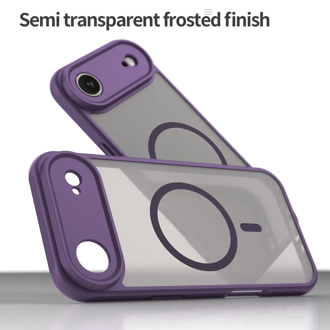 Deux coques de téléphone semi-transparentes. Cadres violets avec centres clairs. L'une est inclinée au-dessus de l'autre. Fond blanc.