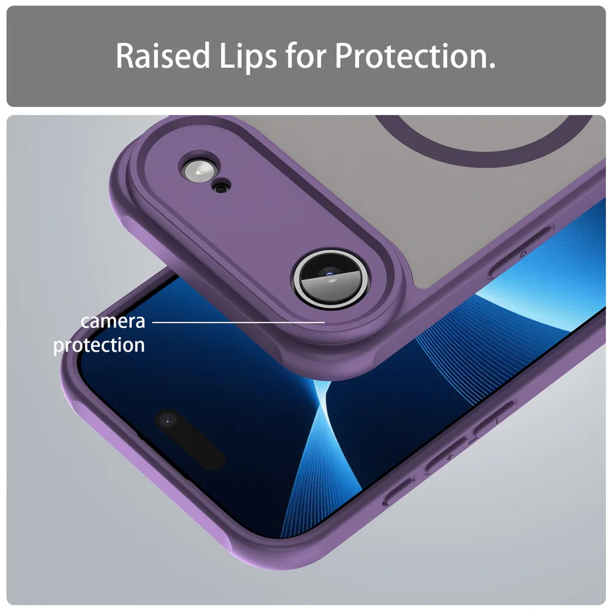 Un étui de téléphone violet avec des lèvres surélevées pour la protection de l'appareil photo est montré au-dessus d'un téléphone. L'écran du téléphone affiche un fond bleu.