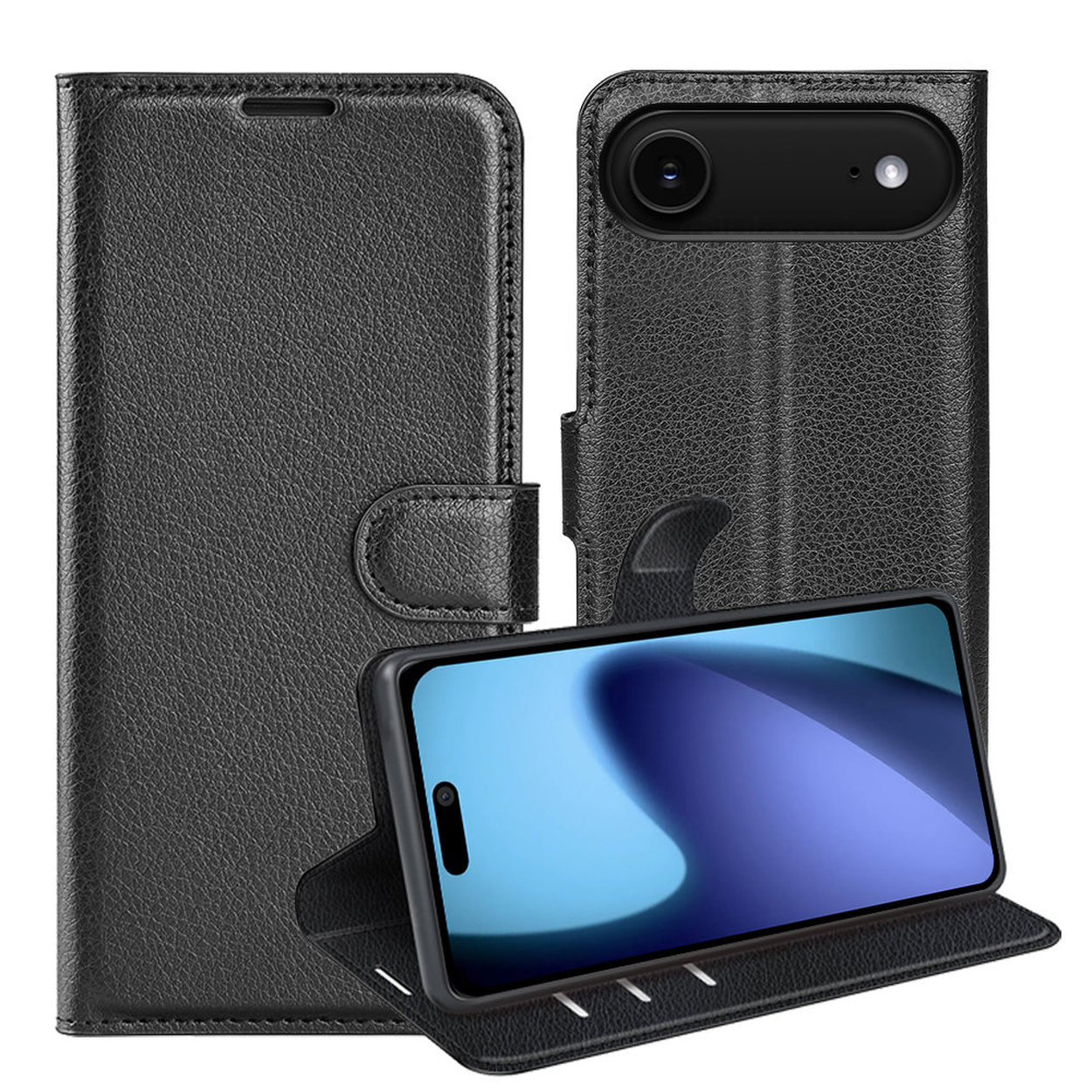 Étui de téléphone en cuir noir avec téléphone à l'intérieur. L'écran est bleu avec une bordure blanche et noire.