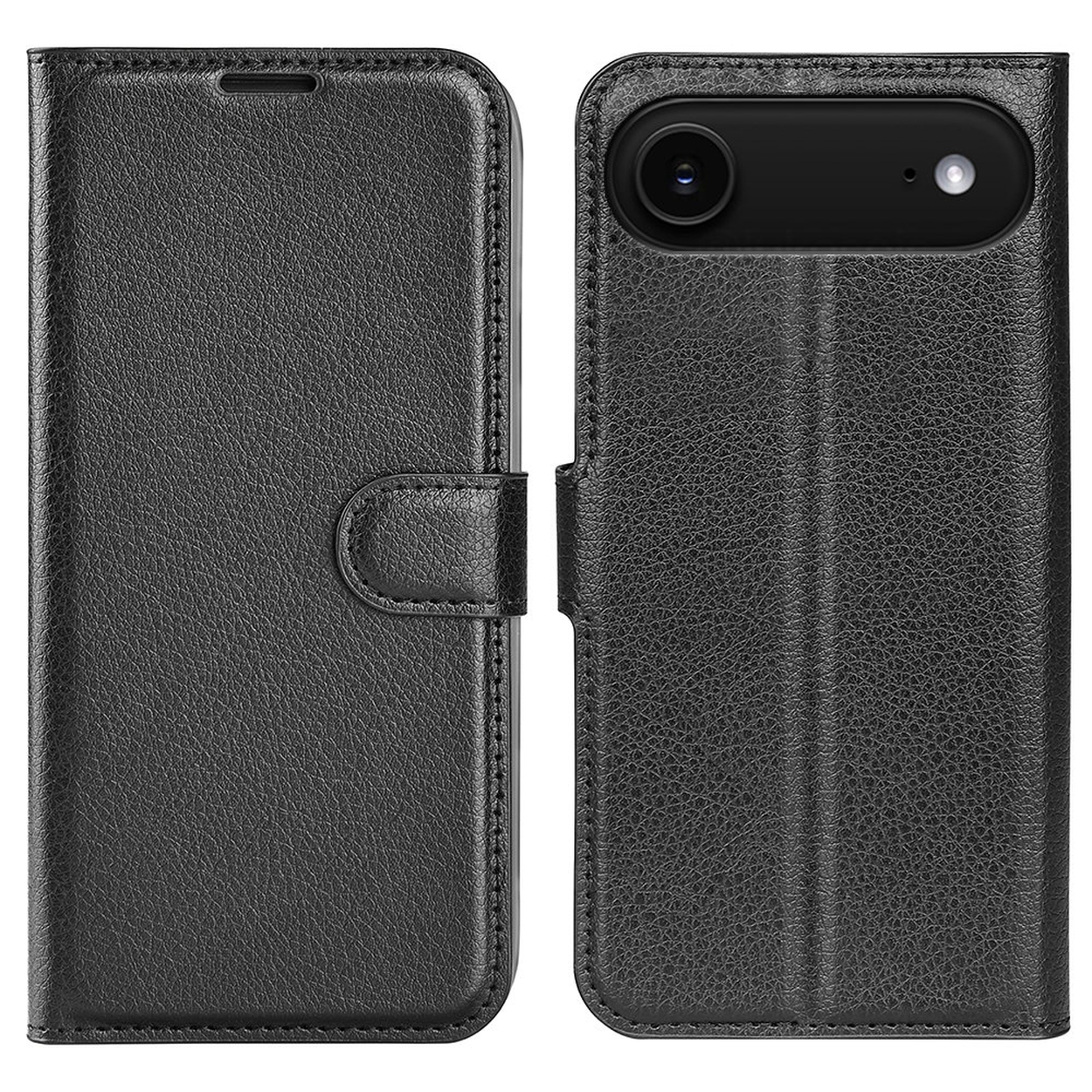 Étui de téléphone en cuir noir, ouvert, montrant le support du téléphone et le couvercle avec fermoir. Bords cousus et cuir texturé. Fond blanc.