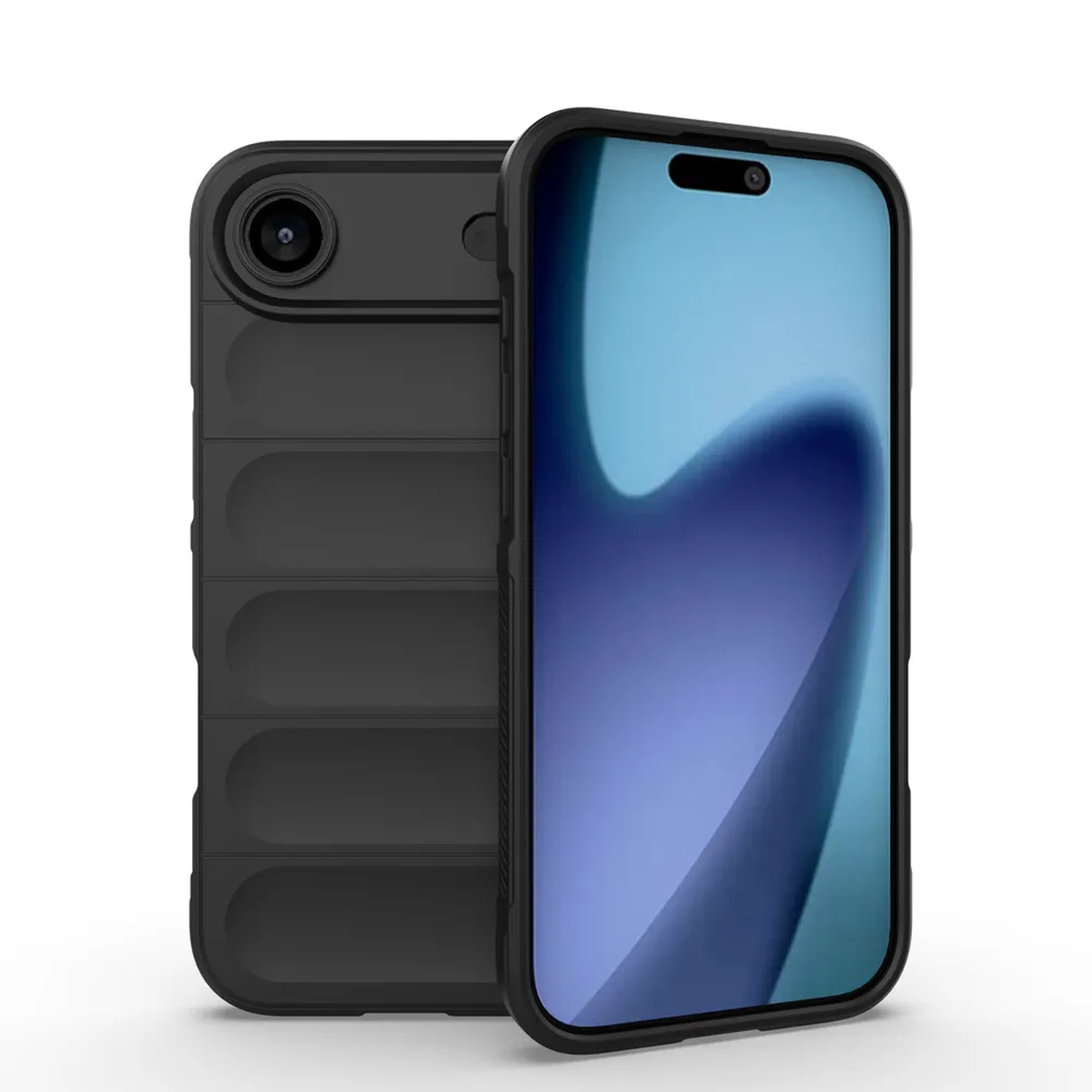 Twee smartphones, één met hoes en camera, de andere met een scherm dat een blauw-witte gradiënt weergeeft. Beide zijn zwart.