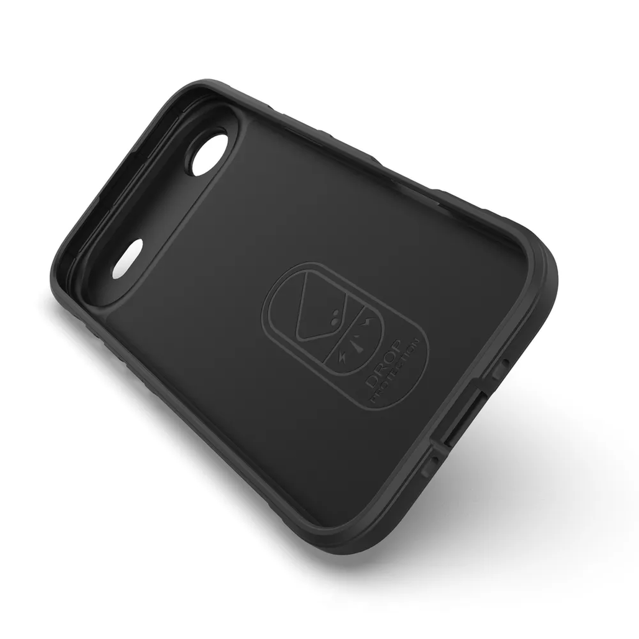 Zwarte telefoonhoes, schuine weergave. Toont de binnenkant met luidsprekergaten en een valbeschermingslogo.