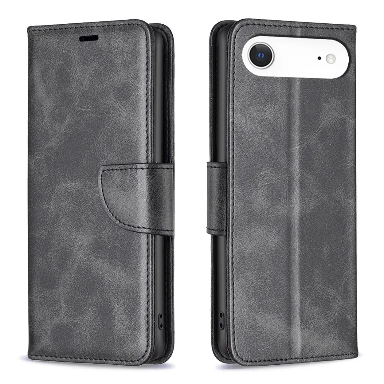 Twee open grijze leren telefoonhoesjes, één met de telefoon erin en één leeg. De hoesjes hebben een magnetische sluiting.