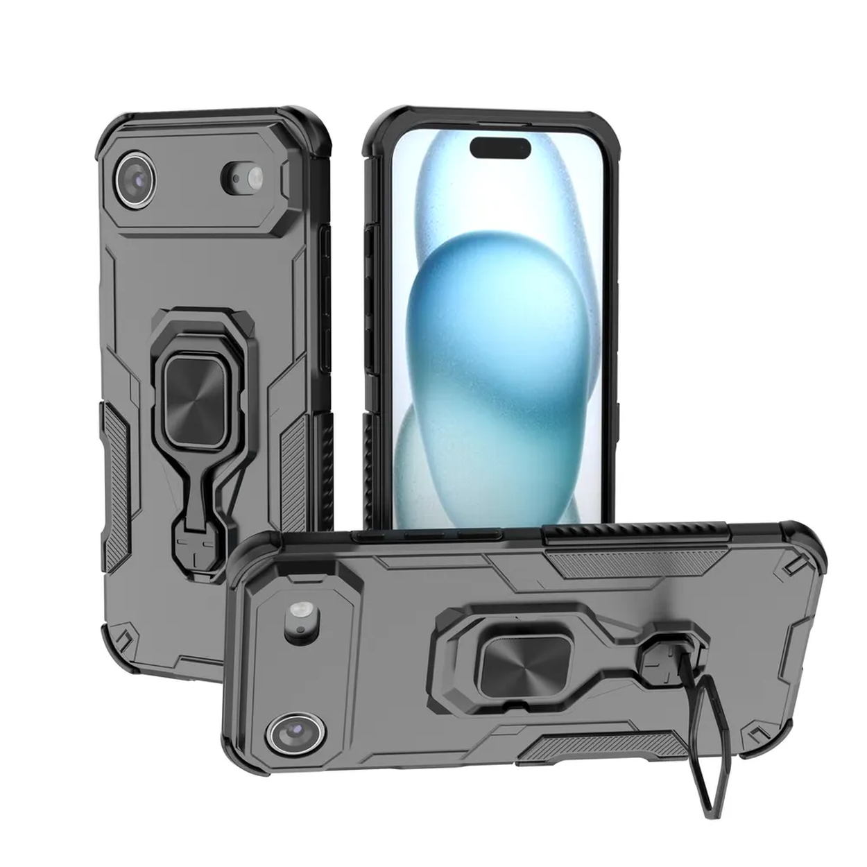 Trois coques de téléphone grises avec des accents noirs. Un étui contient un téléphone. Chaque étui possède un support annulaire.