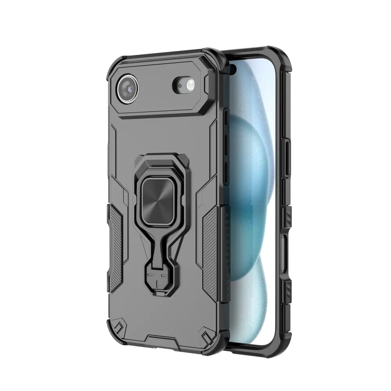 Un étui de téléphone gris avec un support de bague est montré, avec un téléphone partiellement visible à l'intérieur. L'étui a un design géométrique robuste.
