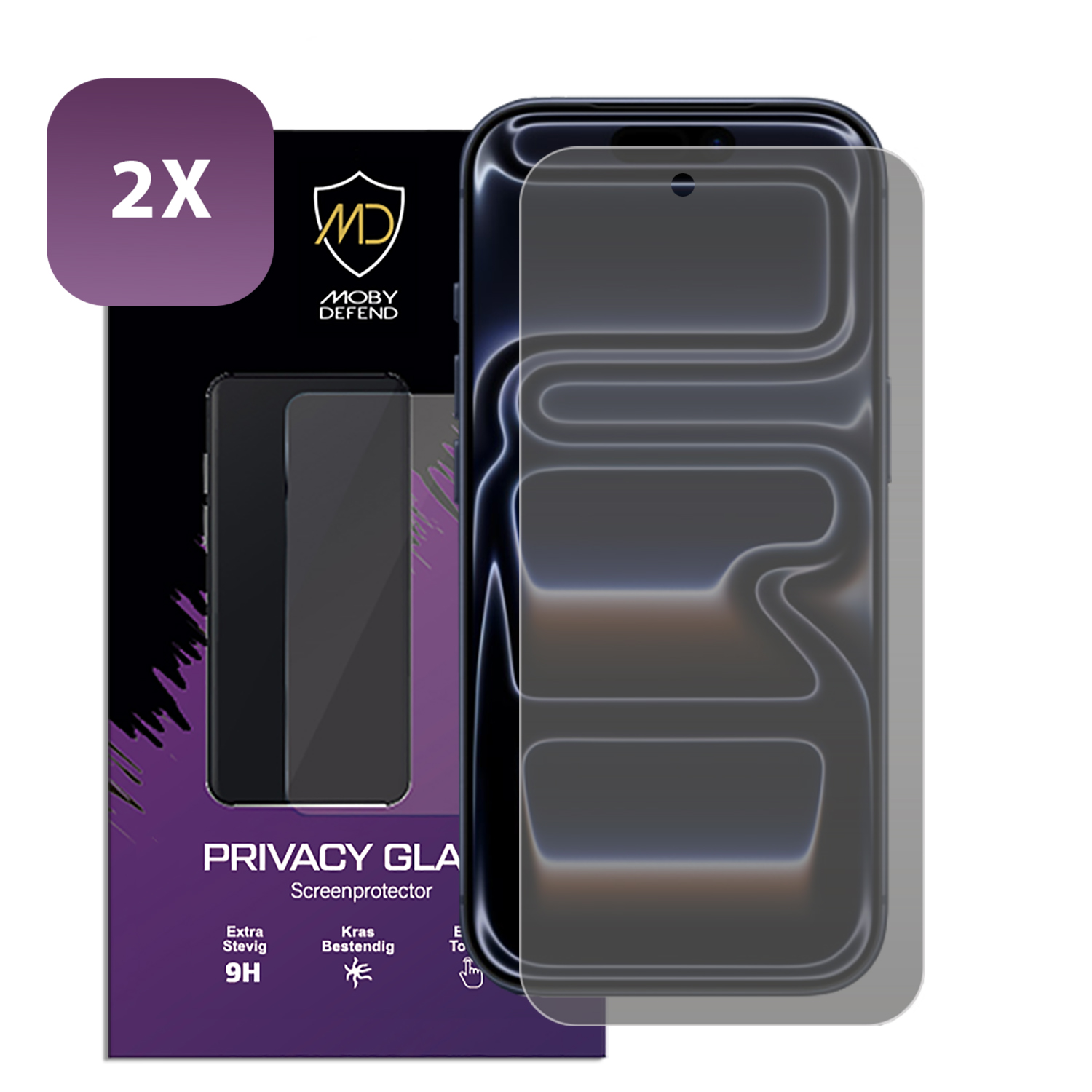 Een telefoonbeschermerdoos met een telefoon en een schermbeschermer. Er staat 'Privacy Glass Screenprotector'.