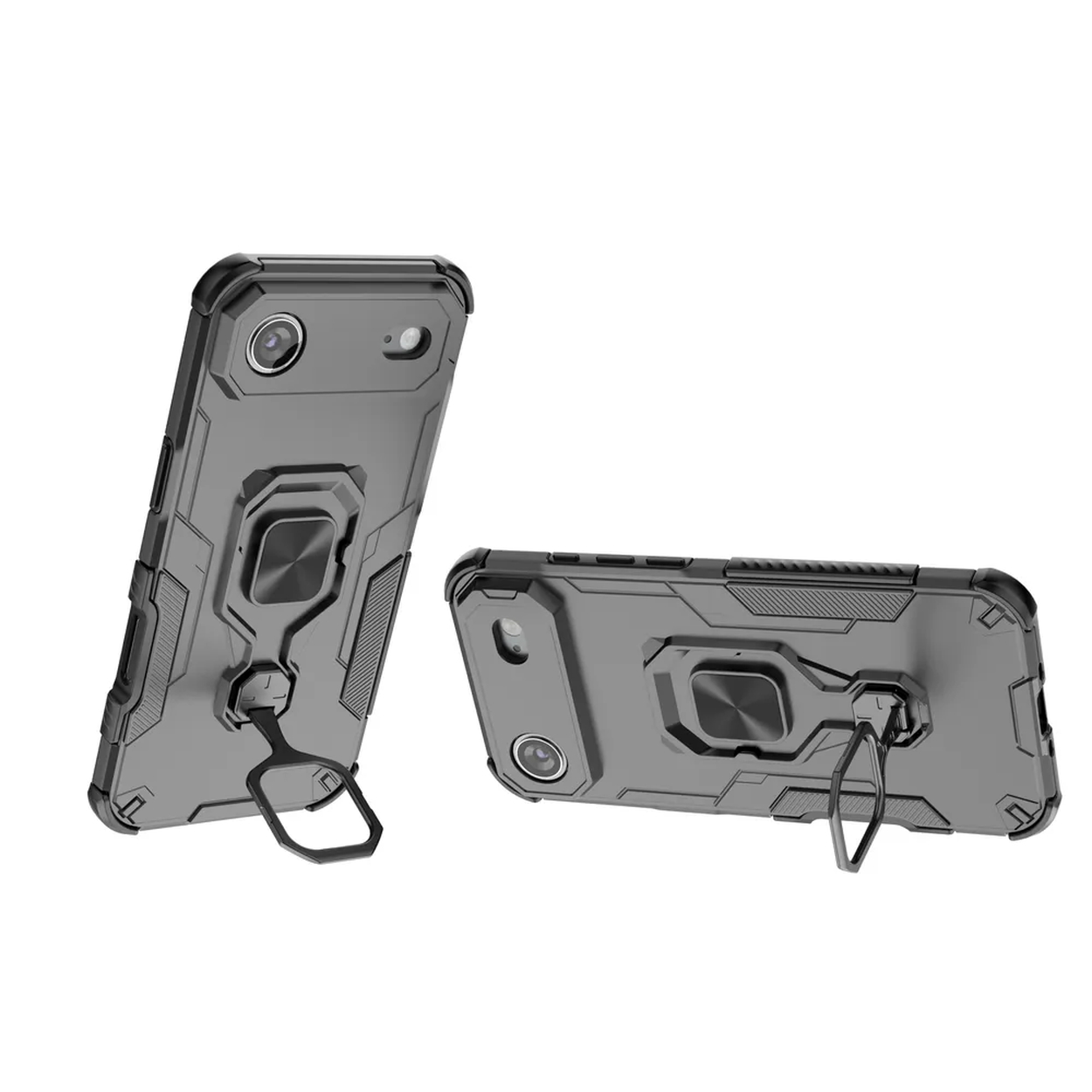 Deux coques de téléphone grises avec anneaux. L'une est verticale, l'autre est à plat. Les deux sont sur fond blanc.