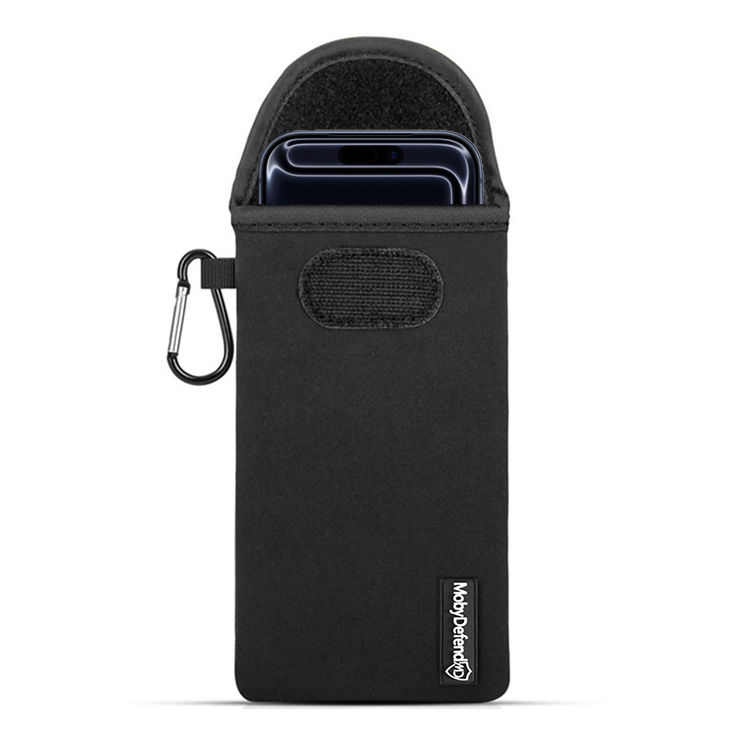 Étui de téléphone noir avec un téléphone à l'intérieur, un mousqueton et un logo. L'étui a une fermeture velcro et est en néoprène.