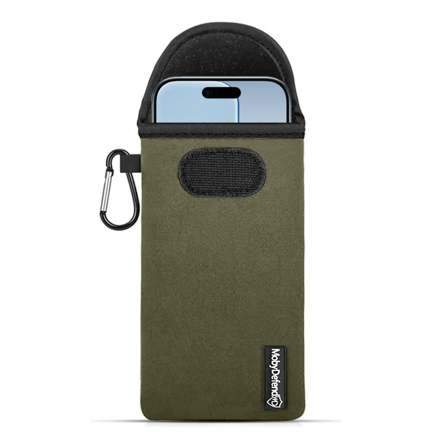 Un étui de téléphone vert olive avec un dessus noir et un téléphone à l'intérieur. Un mousqueton noir est attaché sur le côté.