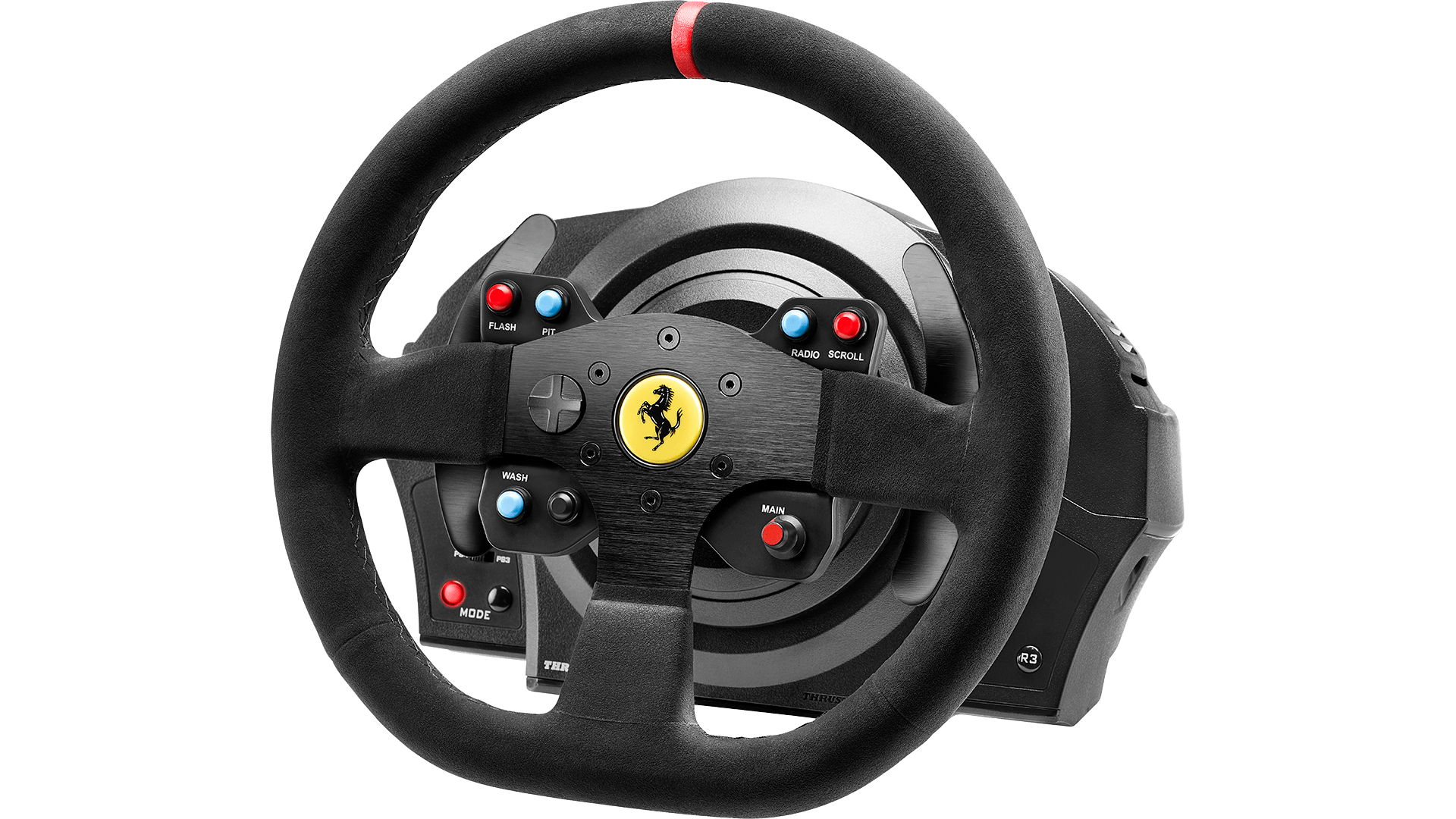 Volant de course Ferrari noir avec des accents rouges. Boutons en rouge et bleu. Logo Ferrari jaune au centre.
